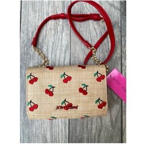 Betsey Johnson Red Cherry Straw Crossbody Bag with Gold Chain
